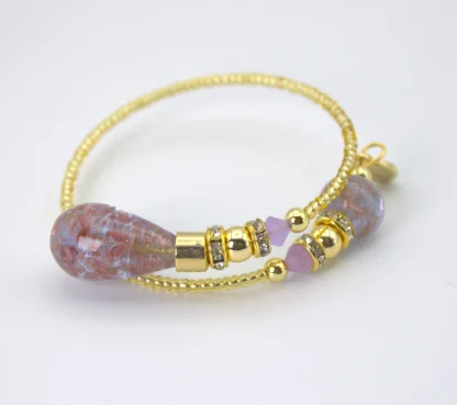 Murano wrap bracelet with gold seed beads and drop lavender blown glass beads