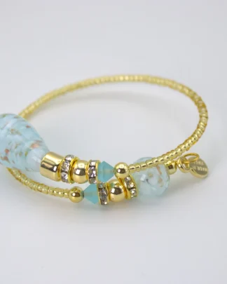 Murano wrap bracelet with gold seed beads and drop light turquoise blown glass bead