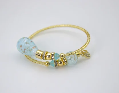 Murano wrap bracelet with gold seed beads and drop light turquoise blown glass bead