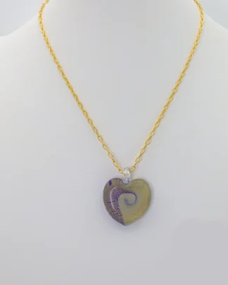 Murano gold swirls on blue and white heart pendant one inch by on inch on 16 inch gold plated chain