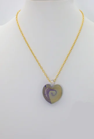 Murano gold swirls on blue and white heart pendant one inch by on inch on 16 inch gold plated chain