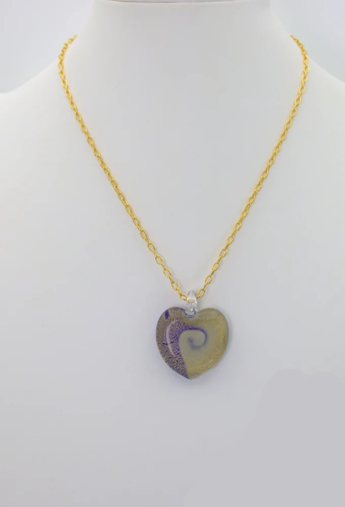 Murano gold swirls on blue and white heart pendant one inch by on inch on 16 inch gold plated chain