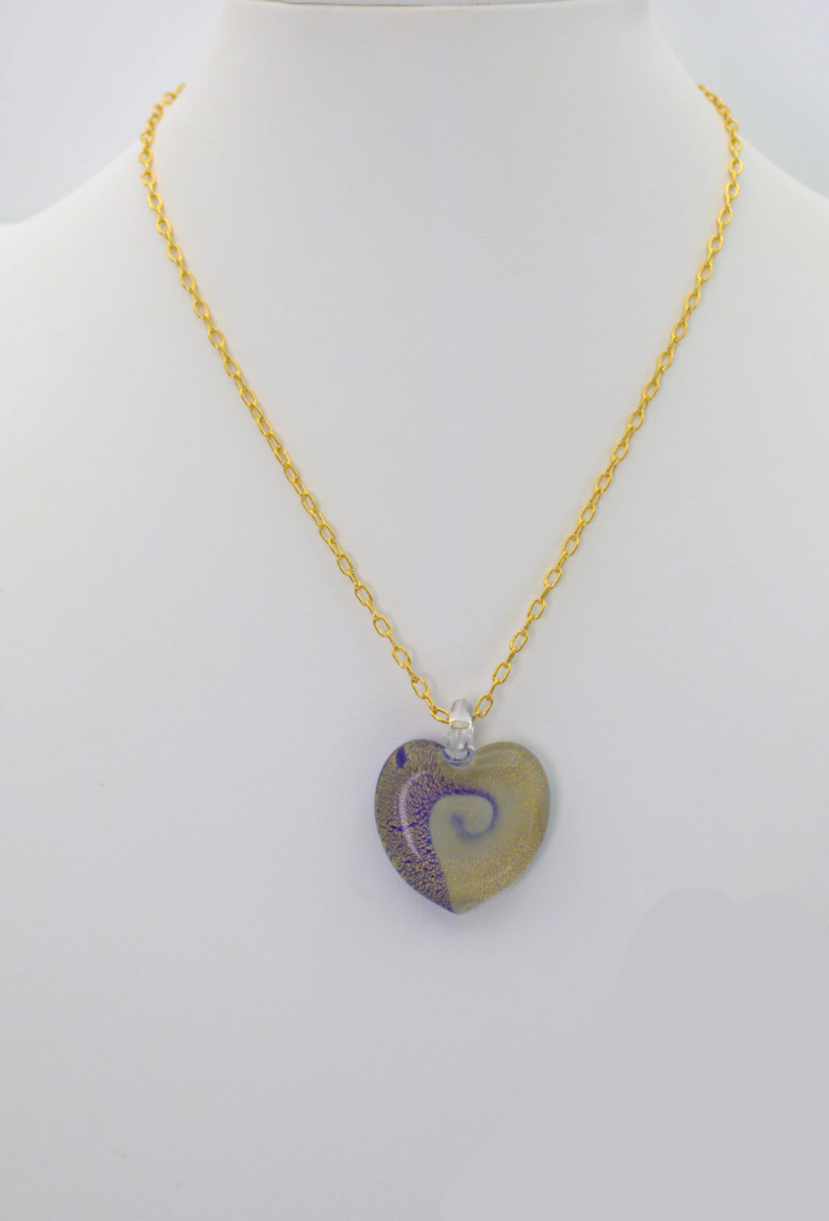 Murano Gold on Blue Swirls Heart Pendant