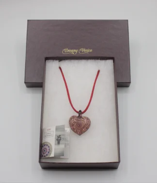 Murano glass red heart with copper infusion swirls on 16 inch gold plated chain