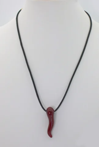 Murano glass ruby red 1.5 inch glass Italian horn pendant on a black 18 inch cord