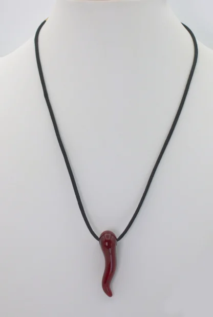 Murano glass ruby red 1.5 inch glass Italian horn pendant on a black 18 inch cord