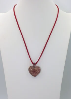 Murano glass red heart with copper infusion swirls on 18 inch red silk cord