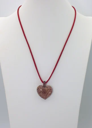 Murano glass red heart with copper infusion swirls on 18 inch red silk cord