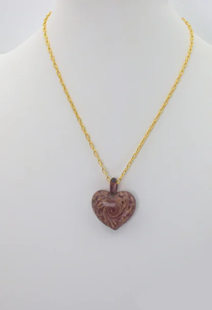 Murano glass red heart with copper infusion swirls on 16 inch gold plated chain