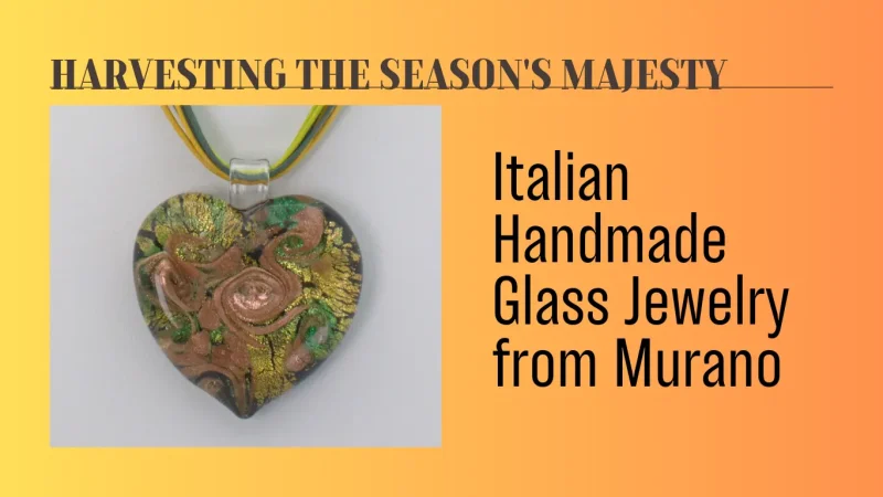 yellow and orange banner wit green and gold Murano glass heart for fall promo on website