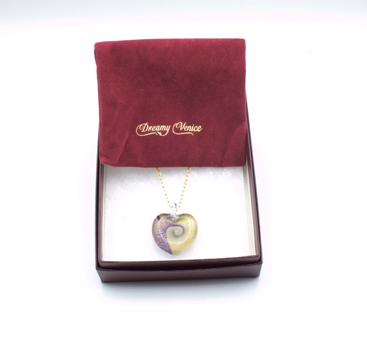 Murano Gold on Blue Swirls Heart Pendant