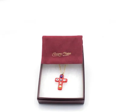 Red Murano millefiori cross on gold chain gift boxed