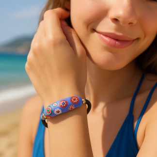 Blue Murano millefiori wrap bracelet on model