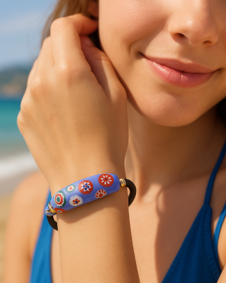 Blue Murano millefiori wrap bracelet on model