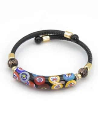 Black millefiori snap bracelet with leather band