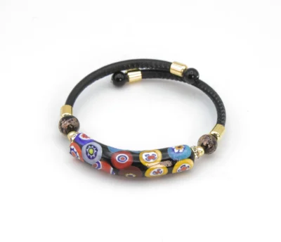 Black millefiori snap bracelet with leather band