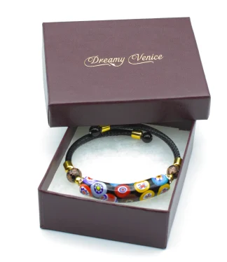 Black millefiori snap bracelet with leather band