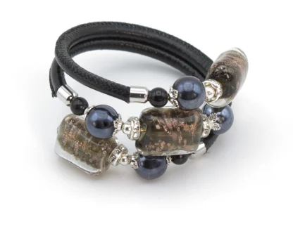 Black triple leather wrap Murano glass bead fancy bracelet