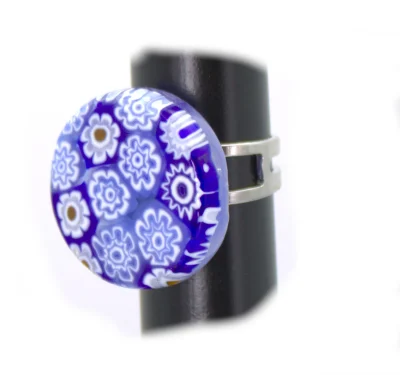 Blue and white millefiori ring with adjustable band