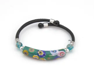 Green millefiori snap bracelet with leather band