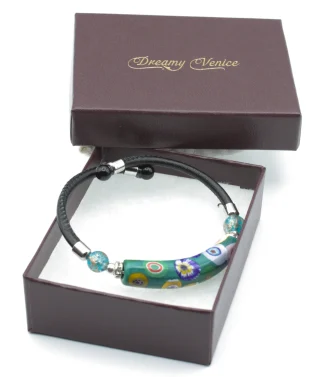 Green millefiori snap bracelet with leather band