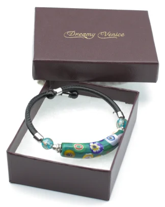 Green millefiori snap bracelet with leather band