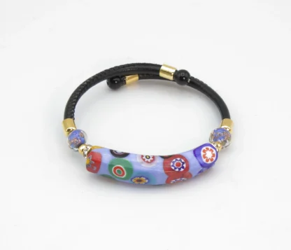 light blue millefiori snap bracelet with leather band