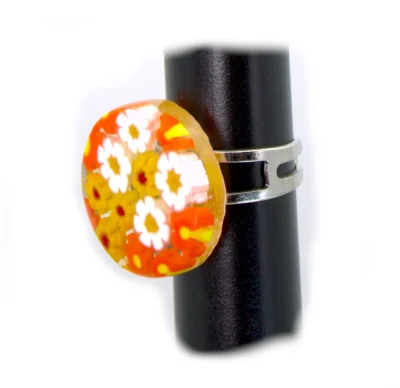 Orange and white millefiori ring with adjustable band