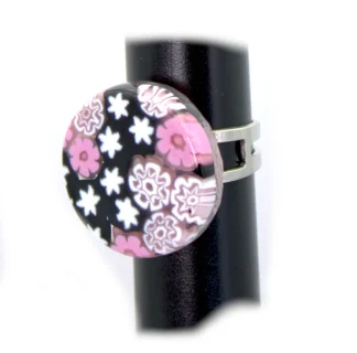 Pink and black millefiori ring with adjustable band