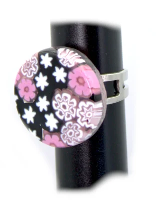 Pink and black millefiori ring with adjustable band