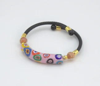 Pink millefiori snap bracelet with leather band