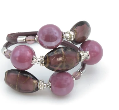 Purple triple leather wrap Murano glass bead fancy bracelet