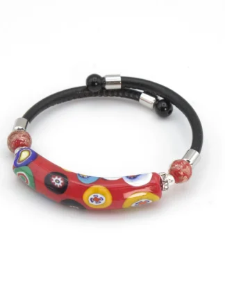 red millefiori and leather snap bracelet