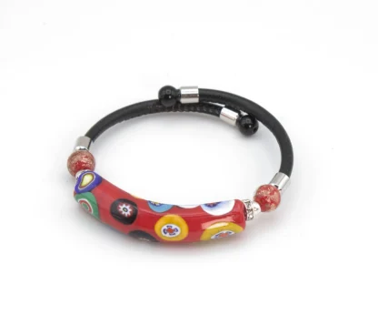 red millefiori and leather snap bracelet