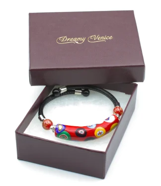 red millefiori and leather snap bracelet