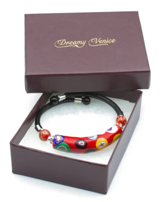 red millefiori and leather snap bracelet
