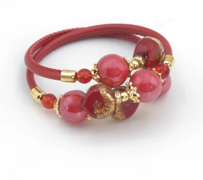 Red triple leather wrap Murano glass bead fancy bracelet