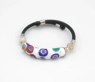 White millefiori and leather snap bracelet