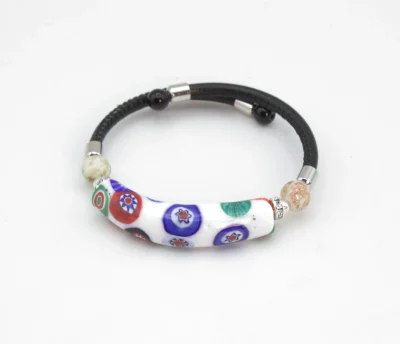 White millefiori and leather snap bracelet