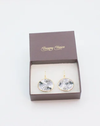 Black and white millefiori pattern earring set in gold in gift box