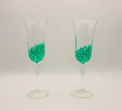 Pair of Murano glass champagne flutes with green details