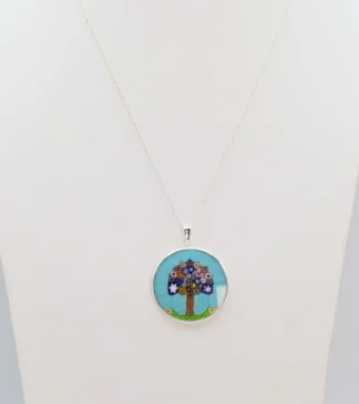 Colorful Millefiori Tree Pendant in Silver with blue background