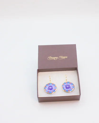 Blues and red millefiori earring set in gold in gift box