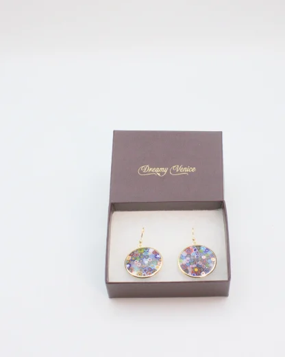 Murano Millefiori multicolor earrings set in gold in gift box