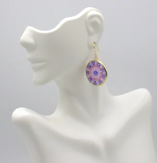 Floral Pink and blue Murano millefiori earring set in gold