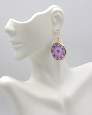Floral Pink and blue Murano millefiori earring set in gold