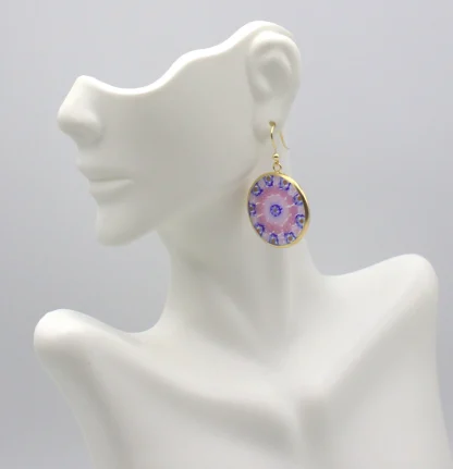 Floral Pink and blue Murano millefiori earring set in gold