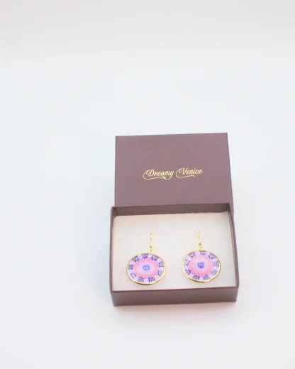 Pink blue Murano millefiori earring set in gold in gift box