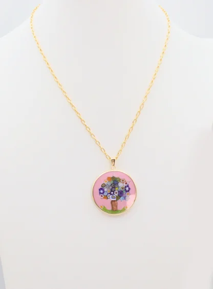 Pink Millefiori Tree pendant with a gold chain