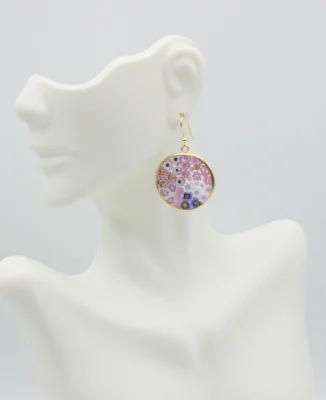 Mostly pink Murano millefiori earring with a touch of blue in a gold setting